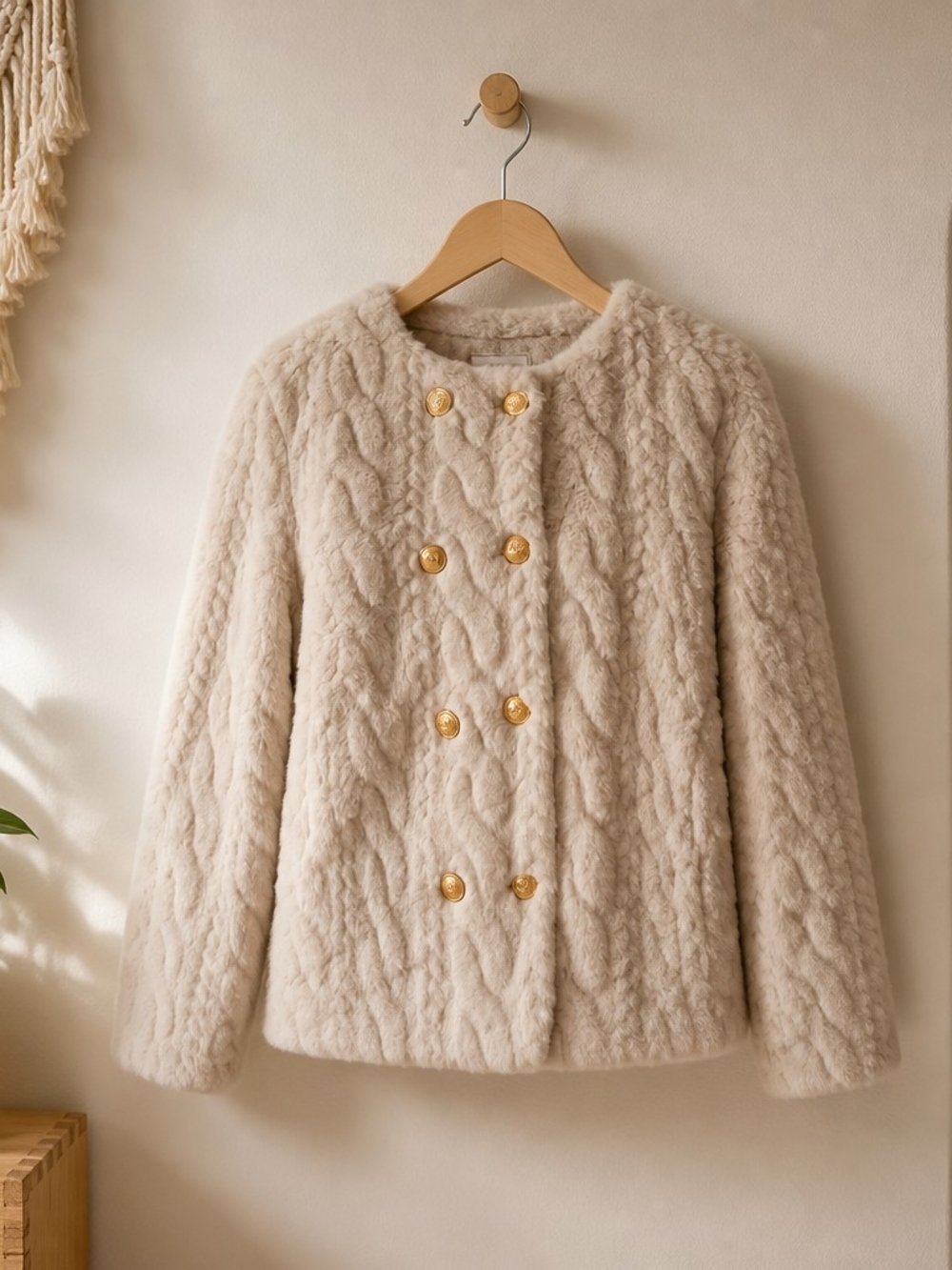 Women's Cream Faux Fur Double-Breasted Jacket